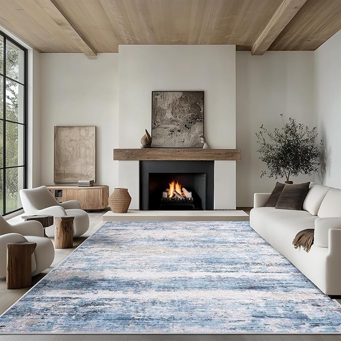 8x10 Area Rug Living Room Rugs - Washable Rug Large Modern Abstract Soft Thin Carpets Indoor Floor No Slip Vintage Carpet for Bedroom Under Dining Table Nursery Home Office Decor Blue