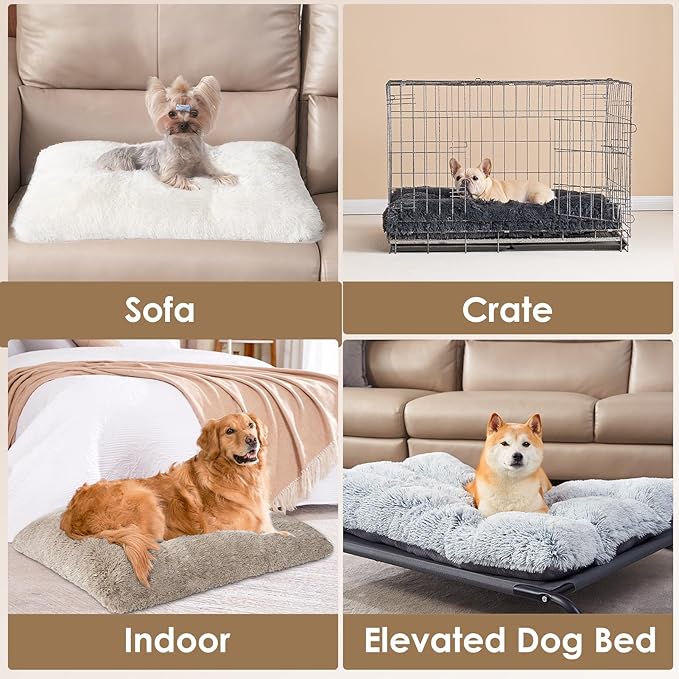 EHEYCIGA Fluffy XXL Dog Crate Pad, Plush Faux Fur Dog Bed for Extra Large Dogs, Calming Anti Anxiety XXL Bed, Washable Soft Warm Crate Mat with Non-Slip Bottom, Taupe