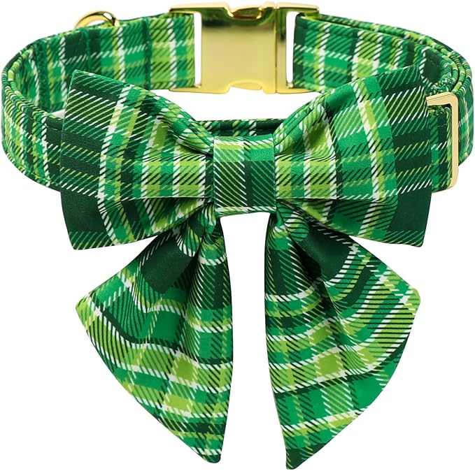 Maca Bates St. Patrick's Day Irish Plaid Dog Collar with Sailor Bow Tie,Shamrock Green Gingham Pattern for Medium Girl Boy Dogs,Adjustable Durable Soft Collars Gift for Male Female Puppy