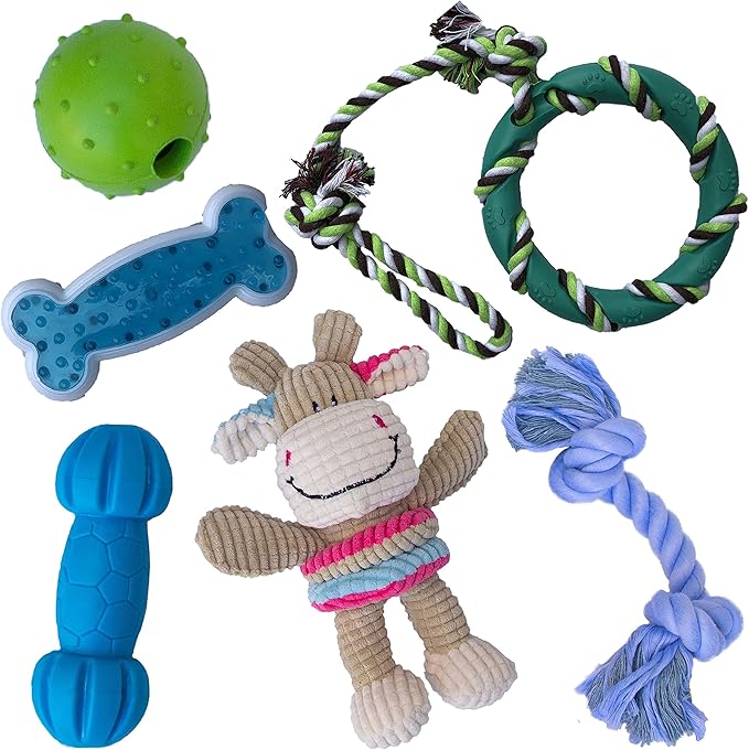 rocket & rex Dog Chew Toy Set for Small to Medium Breeds, Includes All Natural Rubber, Cotton, Ball & Rope Toys, Ideal Puppy Chew Toys for Teething, Reduces Destructive Chewing & Anxiety (Pack of 6)