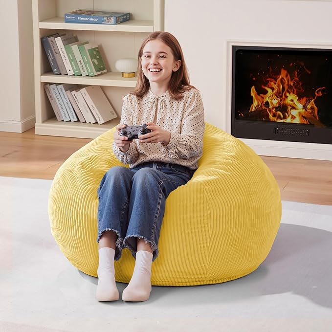 Homguava 2.5FT Bean Bag Chair,Teardrop Bean Bags Small Beanbag Chair with Memory Foam Filled and Ultra Soft Corduroy Cover for Living Room, Bedroom (Yellow)