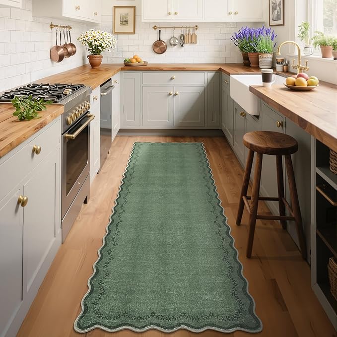 GarveeHome 2.6x10 Scalloped Washable Runner Rug for Kitchen, Soft Dark Green Long Hallway Runner Non Slip Entryway Rug Farmhouse Thin Laundry Mat Stain Resistant Carpet for Bathroom Beside Rug