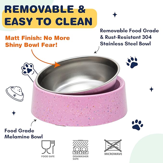 Bzyoo 4 Cup Tilted Dog Bowl with Measuring Scoop for Small Dogs & Cats, Stylish Sprinkle Design, Elevated, Stainless Steel 32 oz Inner Bowl, Non-Skid, Help Cotain Spills Color: Pink