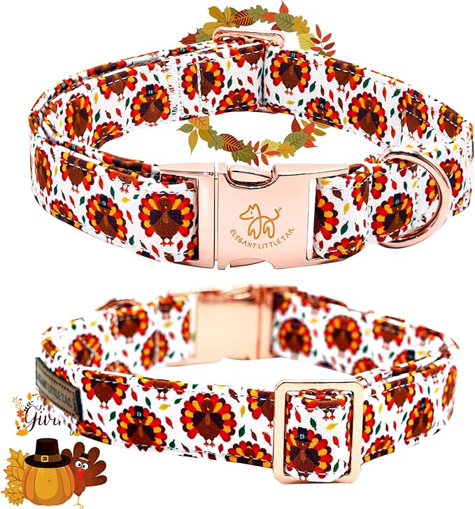 Elegant little tail Thanksgiving Dog Collar, Turkey Print Pet Collar Dog Durable Cute Dog Collars Winter Holiday Male or Female Pet Gift Adjustable Dog Collar for Medium Dogs