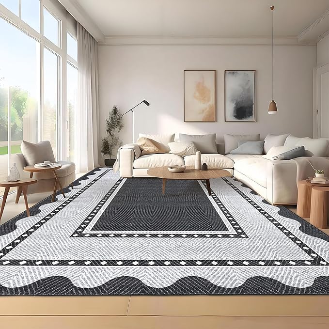 GarveeHome Washable 8x10 Area Rugs with Non Slip Backing, Large Solid Rugs for Living Room Bedroom, Modern Border Neutral Soft Carpet, Stain-Resistant Floor Mats for Nursery, Home Decor, Black Grey