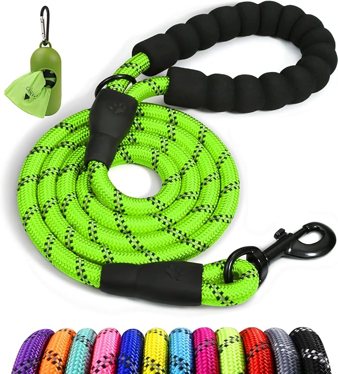 Taglory Rope Dog Leash 5 FT with Comfortable Padded Handle, Highly Reflective Threads Leash for Medium Large Dogs, 1/2 inch, Green