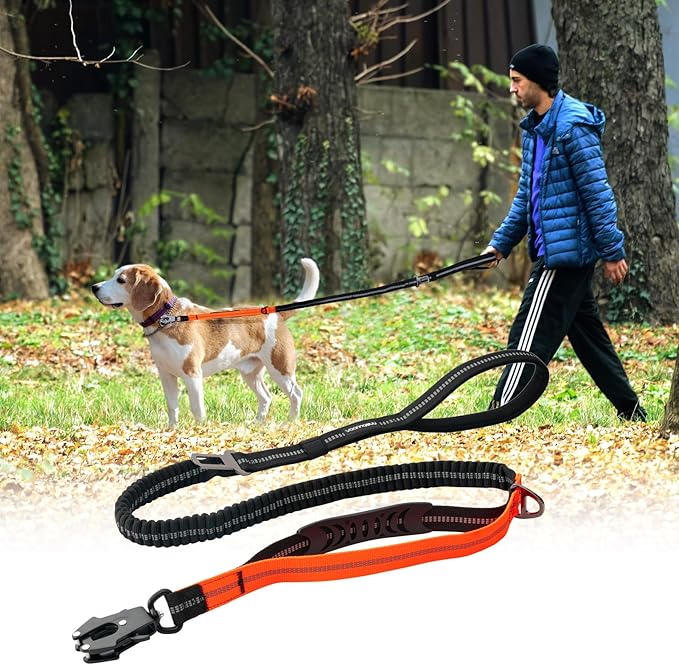 Heavy Duty Tactical Dog Leash with Quick Release Carabiner and Highly Reflective Threads,4-6FT Power Stretch Dog Leash for Medium Large Dogs (Black & Orange)