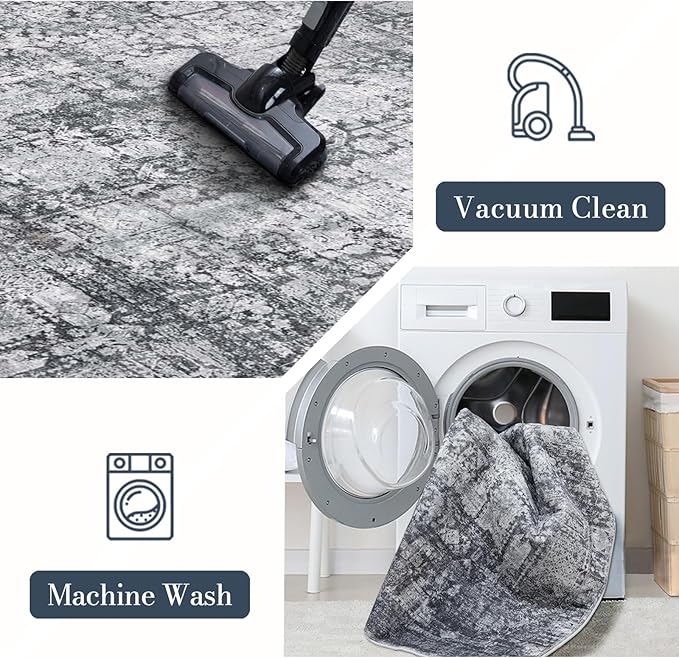 Area Rug 4횞6, Vintage Boho Rug,Ultra-Soft Low Pile, Washable, Non Slip,Stain Resistant Printed Carpet for Living Room Bedrooms Playroom Office Kitchen, Dark Stone