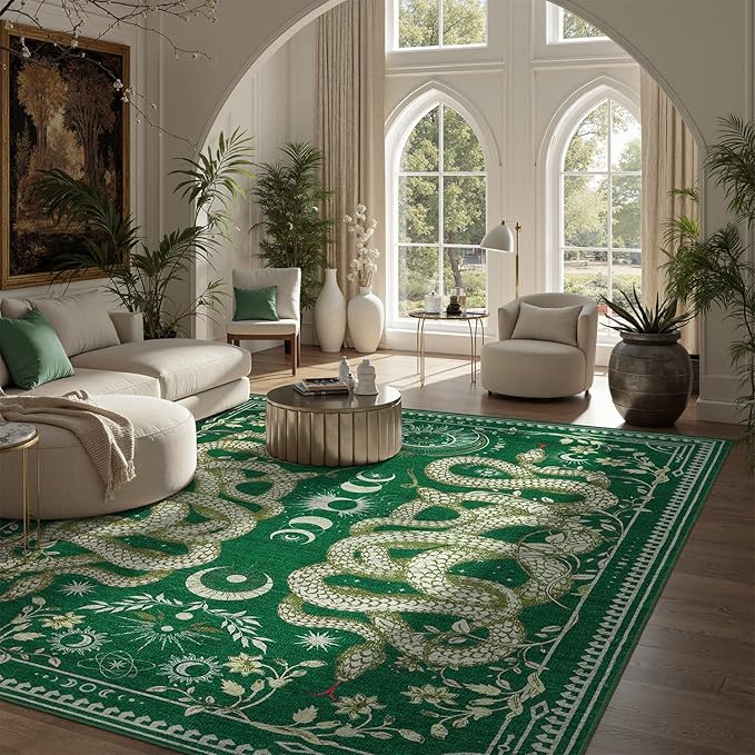 DCX Washable 4x6 Snake Rug, Green Gothic Rug for Living Room, Soft Low Pile Carpet, Kid & Pet Friendly with Rubber Back Non Slip, Stain Resistant Rug for Bedroom Dining Room Office