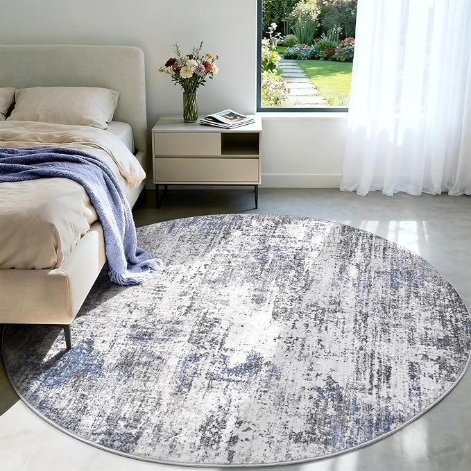 Area Rug Living Room Washable Rugs: 6x6 Modern Neutral Abstract Low Pile Non Slip Floor Carpet - Large Soft Thin Stain Resistant Rug for Bedroom Dining Indoor Office Home, Blue Grey