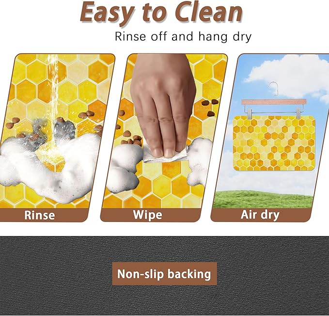 Honeycomb Bee Geometric Dog Food Mat for Floors,Absorbent Quick-Dry Pet Feeding Mat,Cat Dog Bowl Mats for Food and Water,Non-Slip Pet Accessories Supplies 12"x20"