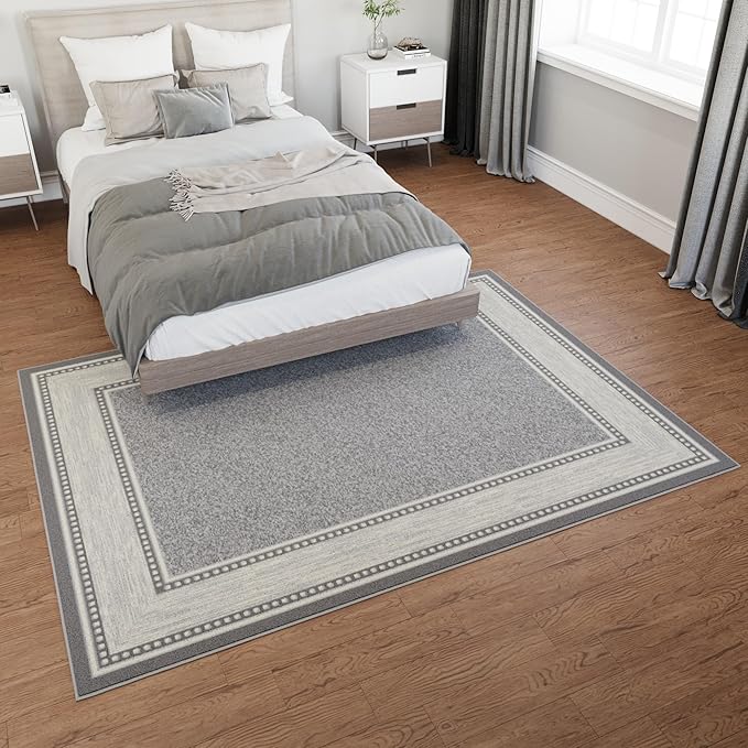 Ottomanson 5' x 6'6" Rugs for Living Room Border Area Rug for Bedroom - Non Slip Durable Large Floor Carpet for High Traffic Areas - Indoor Rug for Dining Room Kitchen Kids Playroom, Light Gray