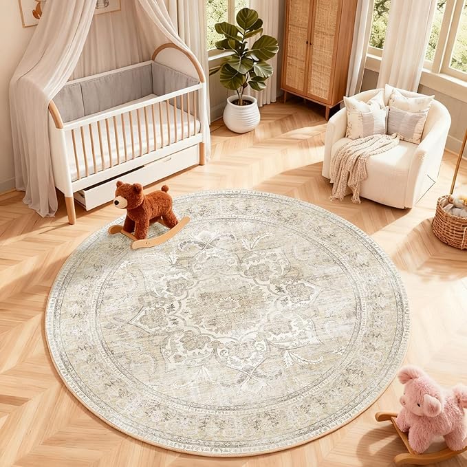 4x4 Round Bedroom Rug Washable: Round Boho Rug Stain Resistant Non Slip Low Pile Small Carpet for Bedroom Kitchen Entryway Living Room Bedside Office Dorm Kids Room Entrance