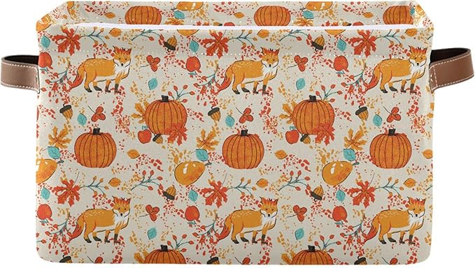 Fall Pumpkin Fox Storage Basket with Waterproof Liner and PU Handles Autumn Maple Leaves Berry Storage Bins Boxes 14.2" Collapsible Decorative Organizer Baskets for Bedroom Closet Office 1 Pack