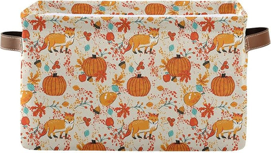 Fall Pumpkin Fox Storage Basket with Waterproof Liner and PU Handles Autumn Maple Leaves Berry Storage Bins Boxes 14.2" Collapsible Decorative Organizer Baskets for Bedroom Closet Office 1 Pack
