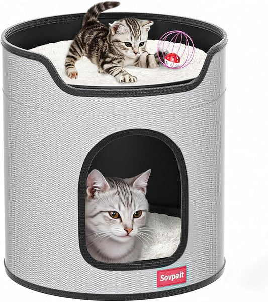 Cat House for Indoor Cats Large Double Cat Beds Cave with Cat Scratcher Pad Toys w/Catnip,Soft Washable Cushion Cat House Shelter D15xH15in Grey (Metal Cage Balls+5mm Pad)