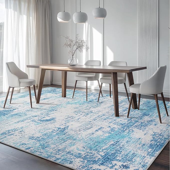 Area Rug Living Room Washable Rugs: 5x7 Modern Neutral Abstract Low Pile Non Slip Floor Carpet - Large Soft Thin Stain Resistant Rug for Bedroom Dining Indoor Office Home, Blue