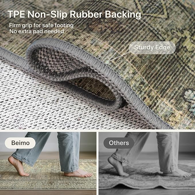 Runner Rug for Hallway Kitchen, 2x5 Machine Washable Runners Rug for Entryway, Soft Modern Boho Throw Rugs, Low Pile Floor Cover with Non Slip Backing, Distressed Light Greyish Sage Green