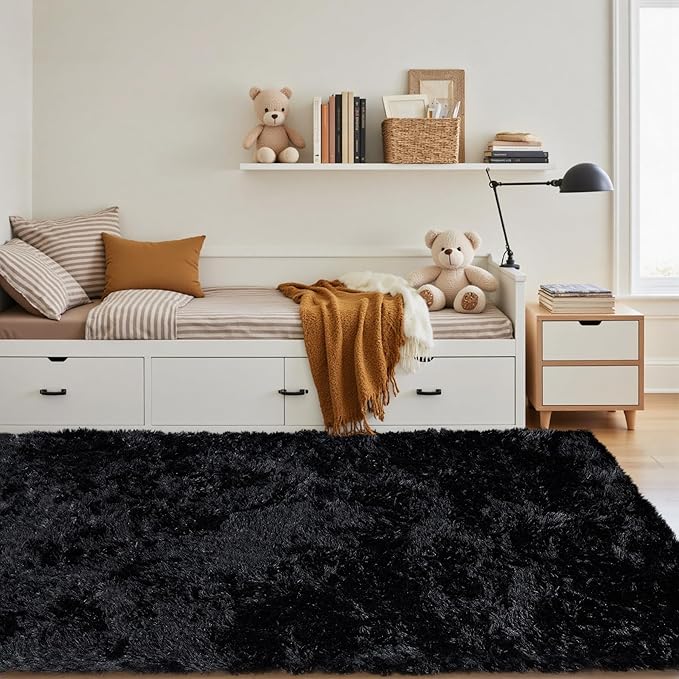 4x6 Area Rug for Living Room: Ultra Soft Fluffy Rug Modern Large Thicked Shag Rug for Bedroom Non Slip Indoor Fuzzy Carpets for Girls Kids Room Nursery Dorm Home Decor Black
