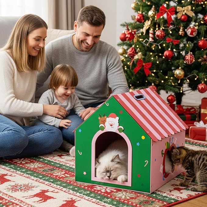 WUGO Christmas Cat Scratcher House - Cardboard Cat House with 2pcs Scratching Pad 16.5"x16"x17" Christmas Valentine's Day Decorations Scratcher for Kitty Play House for Indoor Cats’ Birthday Cats Red