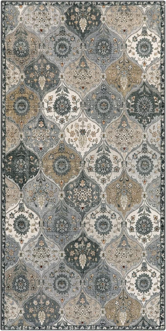 Lahome Moroccan Trellis Small Area Rug, 2x4 Rugs for Entryway Non-Slip Vintage Ultra-Thin Washable Indoor Door Mat Distressed Throw Carpet for Bathroom Kitchen Bedroom, Grey