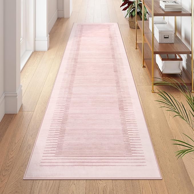 Wonnitar Washable Striped Runners for Hallways 2'6"x8', Non-Slip Soft Pink Runner Rug for Bedroom, Low Pile Minimalist 8ft Runner for Bathroom Laundry Kitchen (Pink, 2'6" x 8')