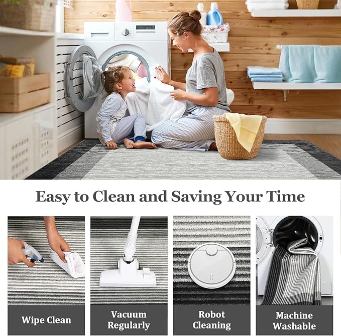 GarveeHome Washable Rug 8x10 Living Room Rug, Modern Neutral Bordered Rug for Dining Room Solid Non Slip Low Pile Pet Friendly Large Carpet for Farmhouse Apartment Bedroom Dorm Grey