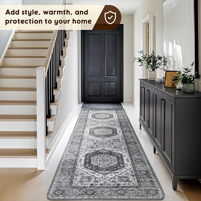 LBRO2M Boho Hallway Rug 2'X10’ Washable Runner Rugs Non Slip Low Piles Rugs Vintage, Soft, Dark Gray Area Rug Runners for Hallways, Bedroom, Kitchen Laundry Room Pattern Print (2'X10', Deep Gray)