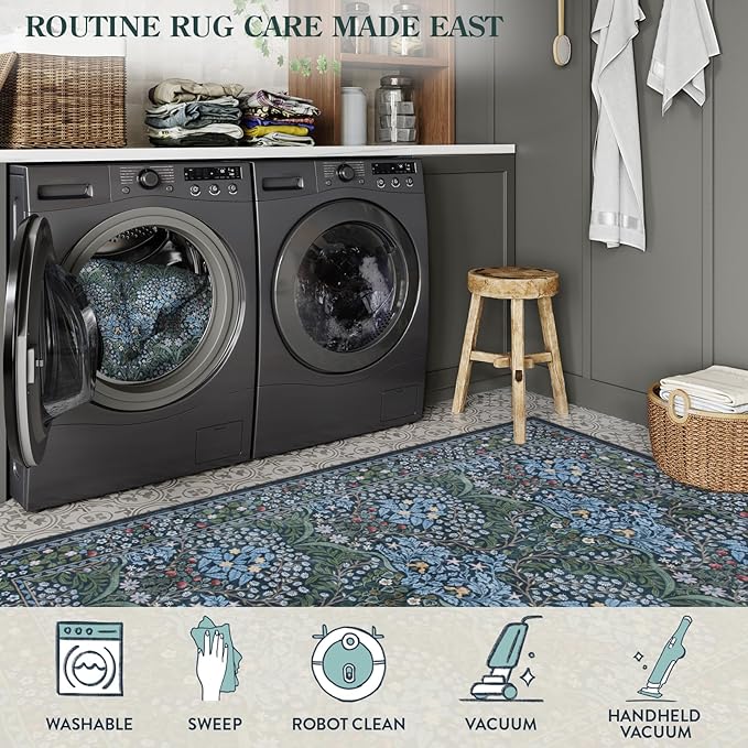 Lahome Floral Washable Rugs 8x10, Soft 8x10 Area Rugs for Living Room Bedroom, Boho Non-Slip Blue Forest Design Large Throw Carpet for Farmhouse Dining Room Office, Blue