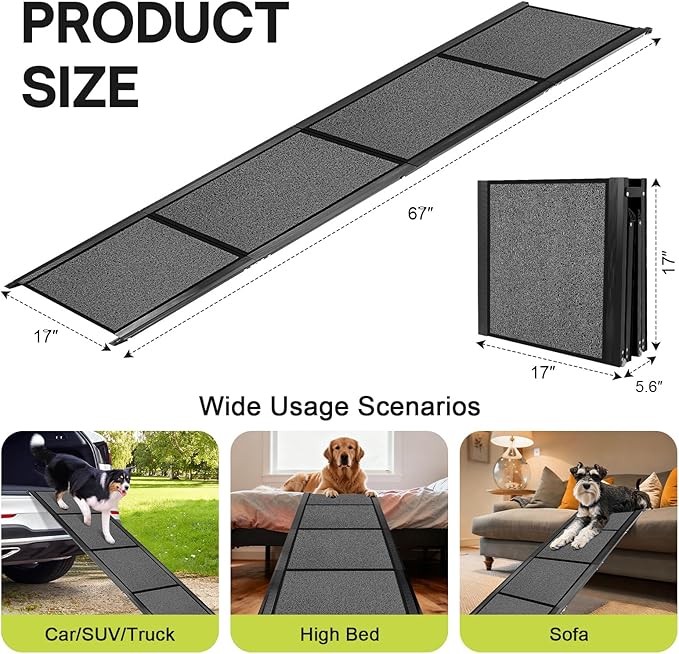 Lightweight Aluminum Dog Ramp for Women & Seniors - 67" Folding Car Ramp for Large Dogs to 250lbs | Portable Pet Ramp with Non-Slip Surface for Safe SUV, Truck Entry & Joint Care for Senior Pets