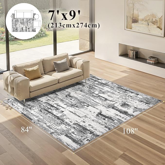 Area Rugs for Living Room: Abstract Washable Rug Large Soft Stain Resistant Non-Slip Backing for Bedroom Dining Room Indoor Home Office Carpet for Kids Pet Friendly Families - 7x9 Black Grey