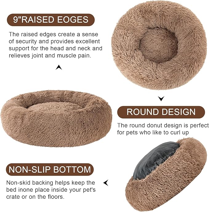 Dog Calming Beds for Medium Large Dogs - Round Donut Washable Dog Bed, Anti-Slip Faux Fur Fluffy Donut Cuddler Anxiety Cat Bed(36" Khaki)