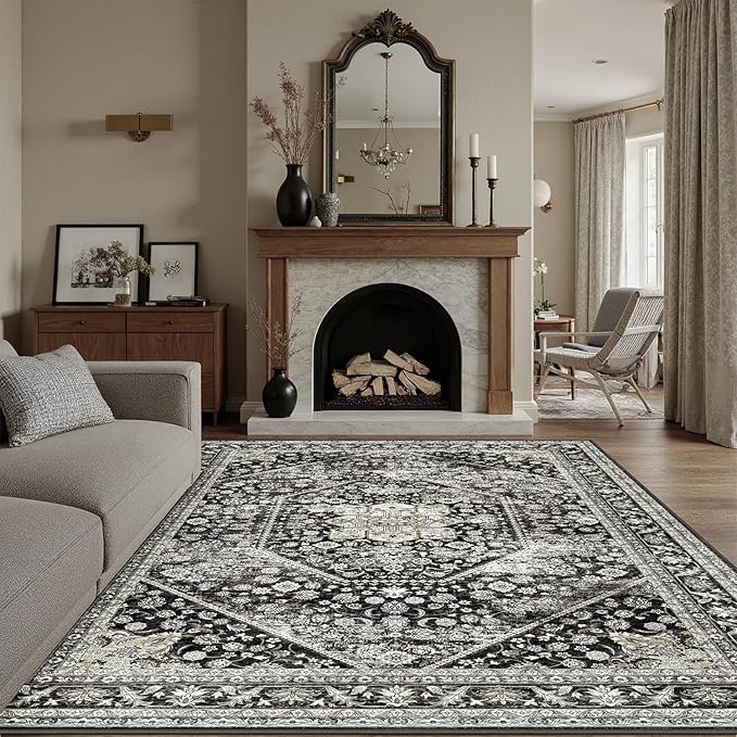 DCX Machine Washable Black Entryway Rug 3x5, Non Slip Stain Resistant Vintage Floral Rug for Kitchen Bathroom Front Door Throw Rugs Indoor, Soft Low Pile Small Rugs for Entry