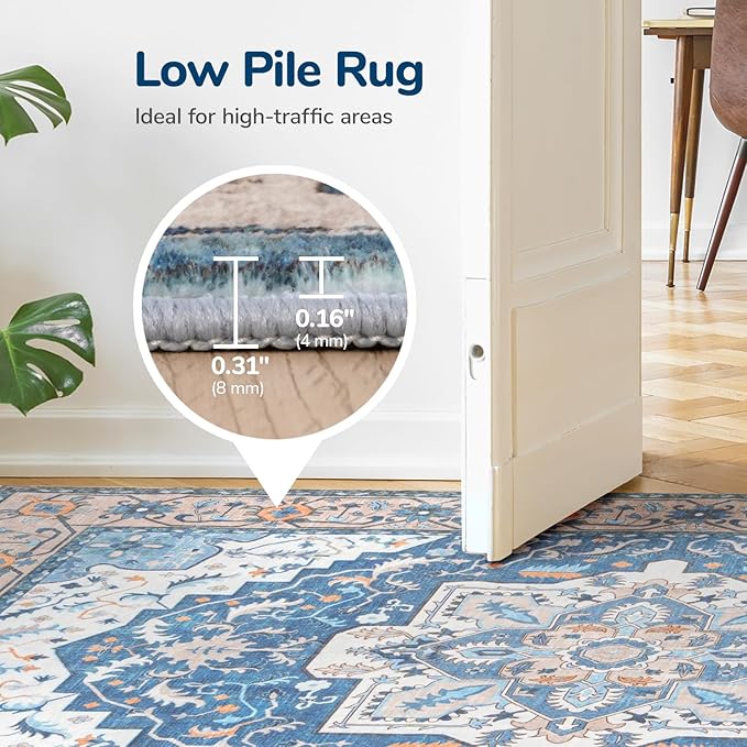 Lessymo Washable Area Rugs 6x9- Boho Area Rug Low Pile for Bedroom Living Room Kitchen, Ultra-Soft Faux Wool Vintage Area Rug with Non-Slip Rubber, Kid & Pet Friendly, Blue Brown