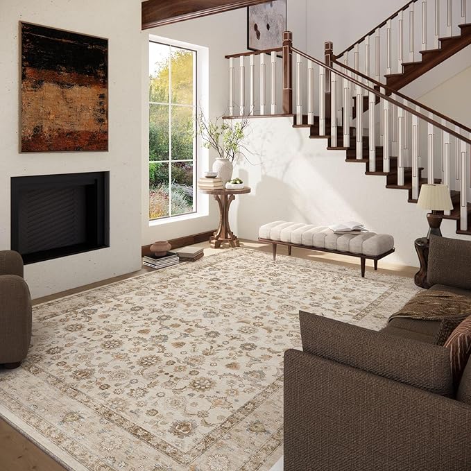 Washable Area Rugs for Living Room: 5x7 Bedroom Rug Boho Vintage Area Rug Stain Resistant Non Slip Low Pile Lightweight Soft Carpets for Dining Room Kitchen Nursery Kids Room Playroom Home Office
