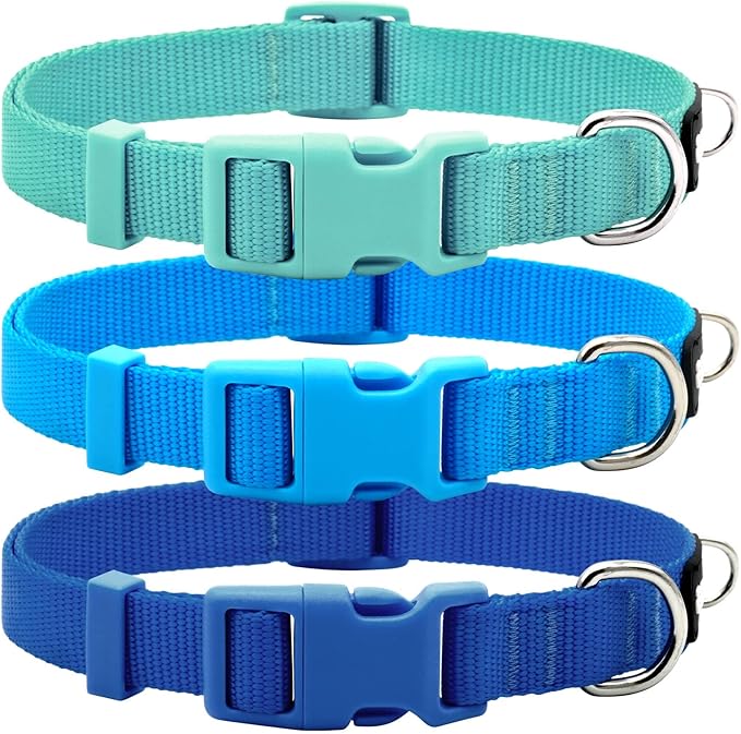 azuza 3 Pack Dog Collars Comfortable and Adjustable Nylon Dog Collars for Medium Dogs, M (14-20inch)，Green, Blue and Royal Blue