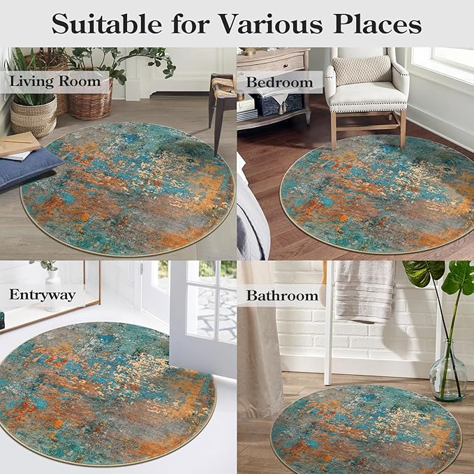 Lahome Modern Abstract Round Rug 3Ft - Colorful 3x3 Circle Rug Non Slip Kitchen Rugs Washable Front Door Mat, Contemporary Indoor Throw Small Carpet for Bedroom Entryway Foyer Sink