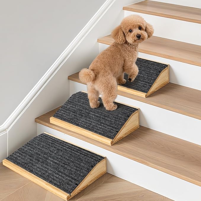3-Pack Wooden Dog Ramp for Stairs, Anti-Slip Pet Steps for Small Dogs with Carpet Surface, Low-Angled Pet Ramps for Staircase, Steps and Stairs Assist for Injured & Aged Pets, Stairs Ramp for Dogs