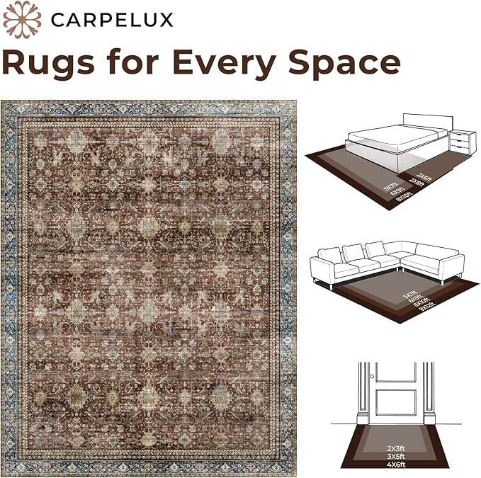 Washable Area Rugs 5x7 Vintage Red, Indoor Rug for Living Room Bedroom, Traditional Farmhouse Carpet for Dining Room