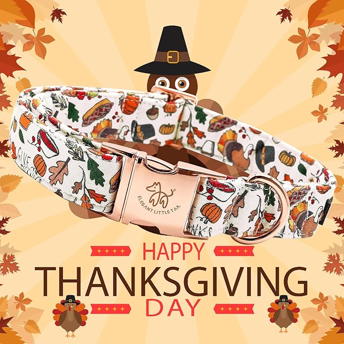 Elegant little tail Thanksgiving Dog Collar, Fall Turkey Print Pet Collar Durable Dog Collars Male or Female Holiday Pet Gift Adjustable Dog Collar for Medium Dogs