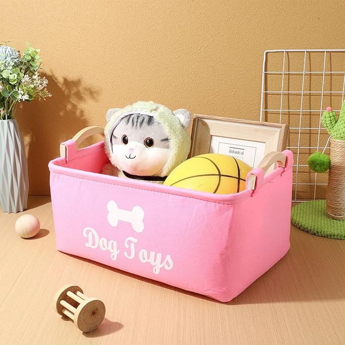 Pet Toy Storage Box Felt Organizer with Wooden Handles 15.35 Inch Square Container for Household Pet Toy Collection and Sundries Storage