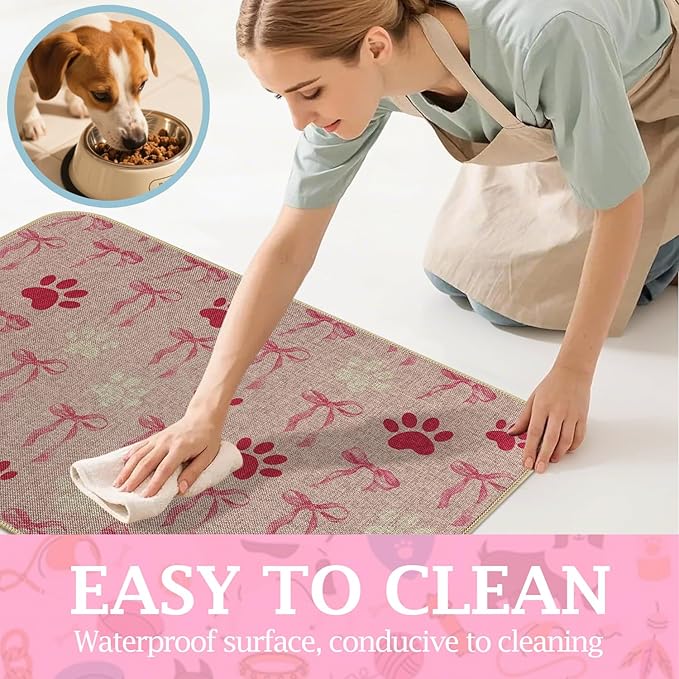 SHIYUE Dog Food Mats for Floors, Absorbent Cat Bowl for Food and Water, Non-Slip Accessories Pet Supplies(16"x24",Pink Bow Footprint)