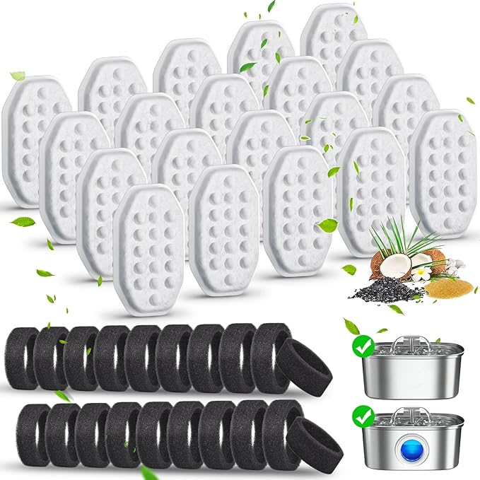 40 Pack Cat Water Fountain Filters-Cat Fountain Replacement Filters for Stainless Steel 3.2L/108oz Adjustable Water Flow Cat Fountain(20 Pack Pet Water Filter Refills+20 Pack Sponges)