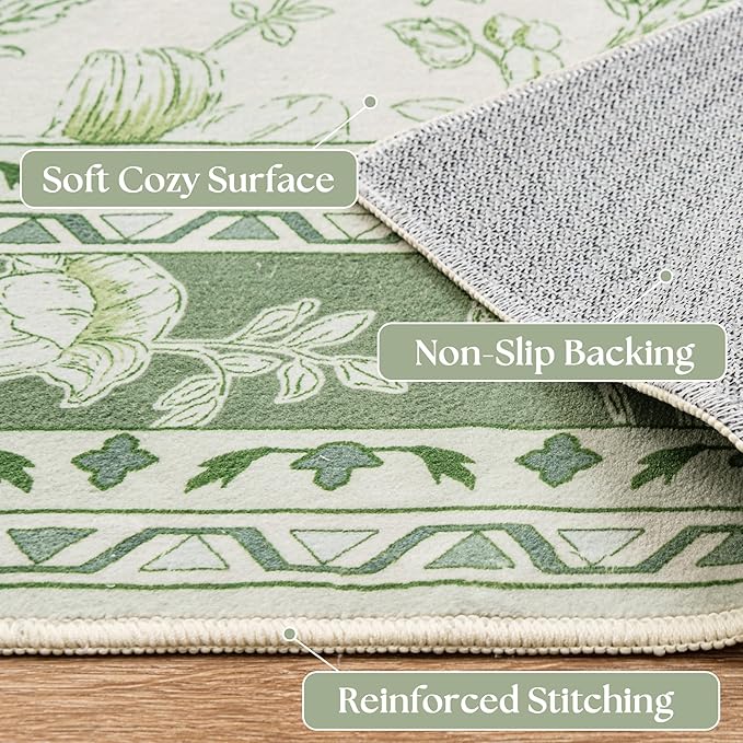Light Green Kitchen Rug 3x8 Modern Vintage Boho Farmhouse Unique Floral Sage Cream Beige Peony Lily Sketch Style, Washable Low Pile Non-Slip Extra Long Wide Runner Rugs for Hallway 8 ft Long