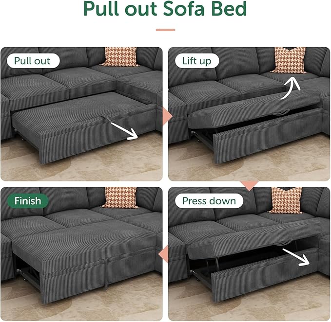 HONBAY Modular Sectional Sleeper Sofa with Pull Out Bed, Corduroy L Shaped Couch with Storage Seats, Convertible Sectional Couches for Living Room, Dark Grey