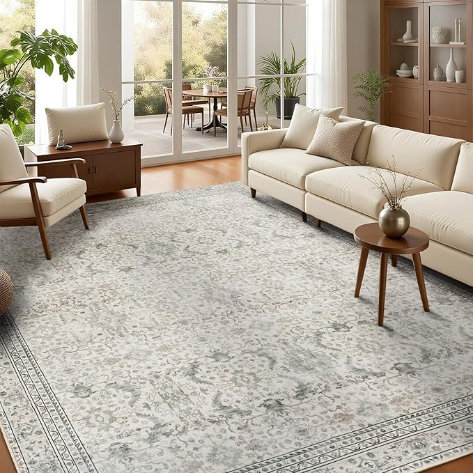 Washable Area Rugs 6x9 Floral Beige, Large Indoor Rug for Living Room Bedroom, Vintage Farmhouse Carpet for Dining Room, Cream White