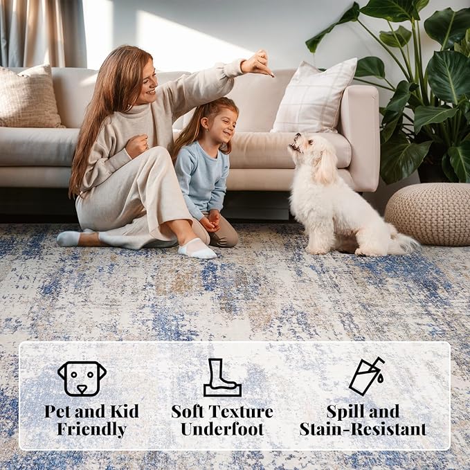 Area Rug Living Room Washable Rugs: 5x7 Modern Neutral Abstract Low Pile Non Slip Floor Carpet - Large Soft Thin Stain Resistant Rug for Bedroom Dining Indoor Office Home, Blue Brown