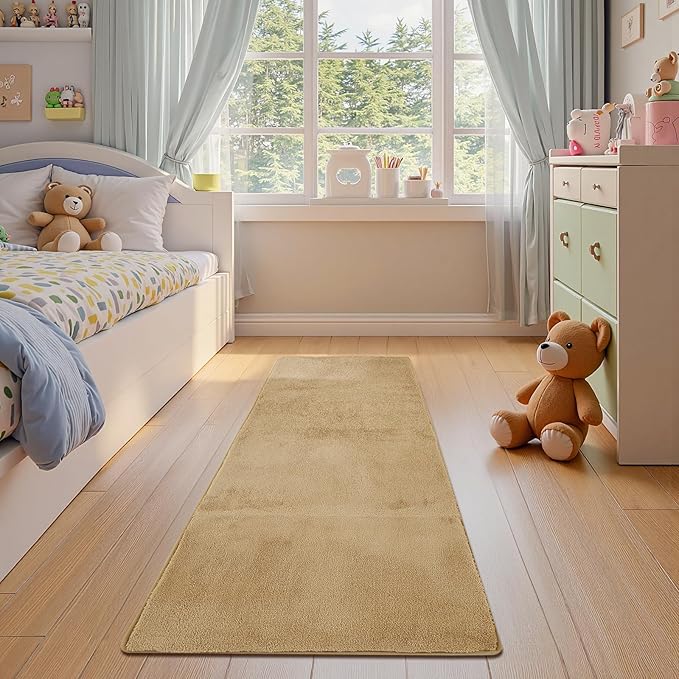 jinchan Solid Plush Runner Rug 2x6 Performance Shaggy Washable Hallway Rug Soft Modern Faux Wool Cozy Non Slip Carpet for Bedroom Laundry Room Living Room Kids Nursery Tan
