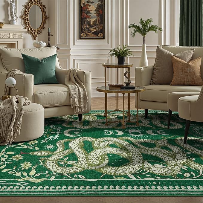 DCX Washable 3x5 Snake Rug, Green Gothic Rug for Living Room, Soft Low Pile Carpet, Kid & Pet Friendly with Rubber Back Non Slip, Stain Resistant Rug for Bedroom Dining Room Office