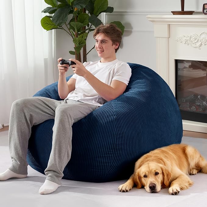 Homguava 4FT Bean Bag Chair for Adults,Teardrop Bean Bags Big Beanbag Chair with Memory Foam Filled and Ultra Soft Removable Corduroy Cover for Living Room, Bedroom(Dark Blue)